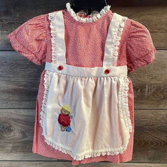 Youngland Infant Girl’s Paddington Bear Smock Dress Size 7 Red & White Vintage - Picture 1 of 14